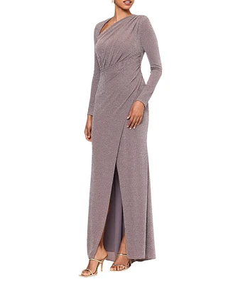 Betsy & Adam Metallic Knit Asymmetrical Neck Long Sleeve Side Ruched Front Slit Sheath Dress