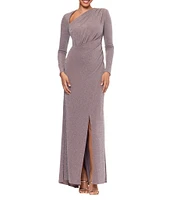 Betsy & Adam Metallic Knit Asymmetrical Neck Long Sleeve Side Ruched Front Slit Sheath Dress