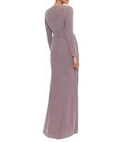 Betsy & Adam Metallic Knit Asymmetrical Neck Long Sleeve Side Ruched Front Slit Sheath Dress