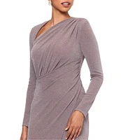 Betsy & Adam Metallic Knit Asymmetrical Neck Long Sleeve Side Ruched Front Slit Sheath Dress