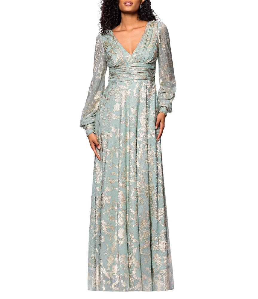 Betsy & Adam Metallic Knit Foiled Print V Neck Long Sleeve A-Line Gown
