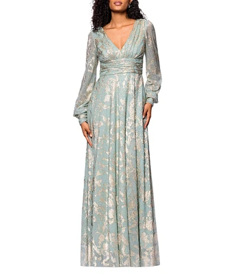 Betsy & Adam Metallic Knit Foiled Print V Neck Long Sleeve A-Line Gown