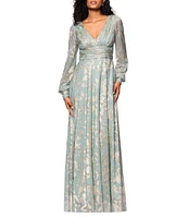 Betsy & Adam Metallic Knit Foiled Print V Neck Long Sleeve A-Line Gown