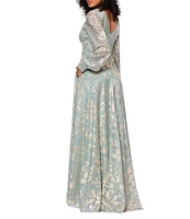 Betsy & Adam Metallic Knit Foiled Print V Neck Long Sleeve A-Line Gown