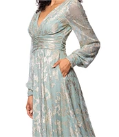 Betsy & Adam Metallic Knit Foiled Print V Neck Long Sleeve A-Line Gown
