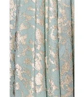 Betsy & Adam Metallic Knit Foiled Print V Neck Long Sleeve A-Line Gown