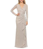 Betsy & Adam Metallic Knit V-Neck Long Sleeve A-Line Gown