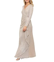 Betsy & Adam Metallic Knit V-Neck Long Sleeve A-Line Gown