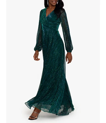 Betsy & Adam Metallic Long Sleeve V-Neck Gown