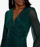 Betsy & Adam Metallic Long Sleeve V-Neck Gown