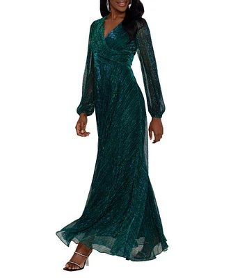 Betsy & Adam Metallic Long Sleeve V-Neck Gown