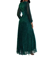 Betsy & Adam Metallic Long Sleeve V-Neck Gown