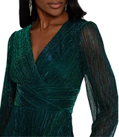 Betsy & Adam Metallic Long Sleeve V-Neck Gown