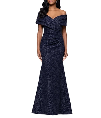 Betsy & Adam Off-The-Shoulder Cap Sleeve Stretch Jacquard Brocade Mermaid Gown