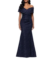 Betsy & Adam Off-The-Shoulder Cap Sleeve Stretch Jacquard Brocade Mermaid Gown