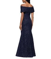 Betsy & Adam Off-The-Shoulder Cap Sleeve Stretch Jacquard Brocade Mermaid Gown