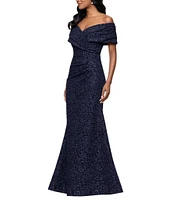 Betsy & Adam Off-The-Shoulder Cap Sleeve Stretch Jacquard Brocade Mermaid Gown