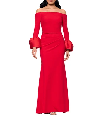 Betsy & Adam Off-The-Shoulder Mikado Bell Sleeve Side Ruched Scuba Crepe Sheath Gown