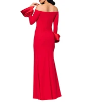 Betsy & Adam Off-The-Shoulder Mikado Bell Sleeve Side Ruched Scuba Crepe Sheath Gown