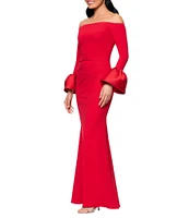 Betsy & Adam Off-The-Shoulder Mikado Bell Sleeve Side Ruched Scuba Crepe Sheath Gown
