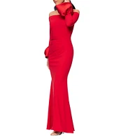 Betsy & Adam Off-The-Shoulder Mikado Bell Sleeve Side Ruched Scuba Crepe Sheath Gown