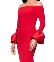 Betsy & Adam Off-The-Shoulder Mikado Bell Sleeve Side Ruched Scuba Crepe Sheath Gown