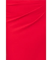 Betsy & Adam Off-The-Shoulder Mikado Bell Sleeve Side Ruched Scuba Crepe Sheath Gown
