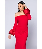 Betsy & Adam Off-The-Shoulder Mikado Bell Sleeve Side Ruched Scuba Crepe Sheath Gown
