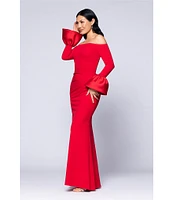 Betsy & Adam Off-The-Shoulder Mikado Bell Sleeve Side Ruched Scuba Crepe Sheath Gown