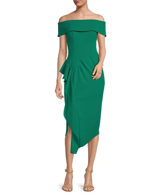 Betsy & Adam Off-the-Shoulder Short Sleeve Stretch Crepe Drape Front Sheath Midi Dress