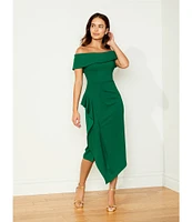 Betsy & Adam Off-the-Shoulder Short Sleeve Stretch Crepe Drape Front Sheath Midi Dress