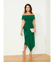 Betsy & Adam Off-the-Shoulder Short Sleeve Stretch Crepe Drape Front Sheath Midi Dress