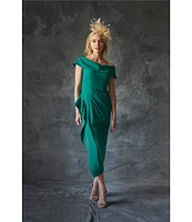 Betsy & Adam Off-the-Shoulder Short Sleeve Stretch Crepe Drape Front Sheath Midi Dress