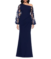 Betsy & Adam One Shoulder Asymmetrical Long Sleeve Faux Wrap Gown