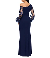 Betsy & Adam One Shoulder Asymmetrical Long Sleeve Faux Wrap Gown