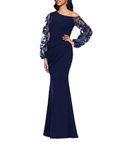 Betsy & Adam One Shoulder Asymmetrical Long Sleeve Faux Wrap Gown