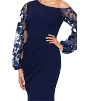 Betsy & Adam One Shoulder Asymmetrical Long Sleeve Faux Wrap Gown