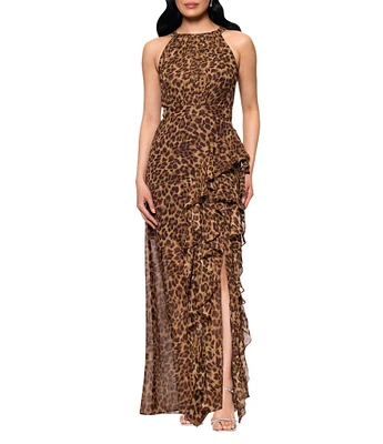 Betsy & Adam Petite Size Chiffon Halter Neck Sleeveless Ruffled Leopard Print Maxi Dress
