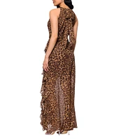 Betsy & Adam Petite Size Chiffon Halter Neck Sleeveless Ruffled Leopard Print Maxi Dress