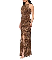 Betsy & Adam Petite Size Chiffon Halter Neck Sleeveless Ruffled Leopard Print Maxi Dress