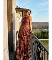 Betsy & Adam Petite Size Chiffon Halter Neck Sleeveless Ruffled Leopard Print Maxi Dress