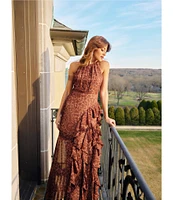 Betsy & Adam Petite Size Chiffon Halter Neck Sleeveless Ruffled Leopard Print Maxi Dress