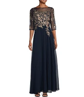Betsy & Adam Petite Size Embroidered Bodice Boat Neck 3/4 Sleeve Chiffon Gown