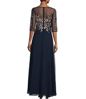 Betsy & Adam Petite Size Embroidered Bodice Boat Neck 3/4 Sleeve Chiffon Gown