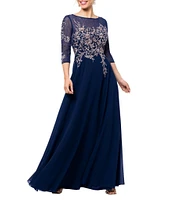 Betsy & Adam Petite Size Embroidered Bodice Boat Neck 3/4 Sleeve Chiffon Gown