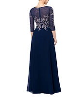 Betsy & Adam Petite Size Embroidered Bodice Boat Neck 3/4 Sleeve Chiffon Gown