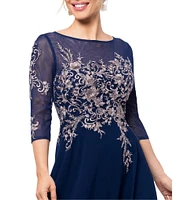 Betsy & Adam Petite Size Embroidered Bodice Boat Neck 3/4 Sleeve Chiffon Gown