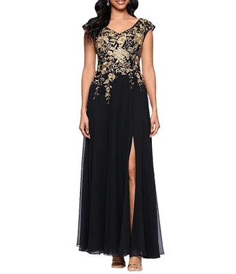 Betsy & Adam Petite Size Embroidered Chiffon V-Neck Cap Sleeve Dress