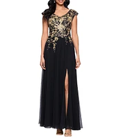 Betsy & Adam Petite Size Embroidered Chiffon V-Neck Cap Sleeve Dress