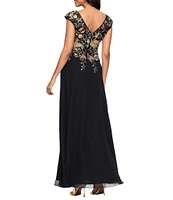 Betsy & Adam Petite Size Embroidered Chiffon V-Neck Cap Sleeve Dress